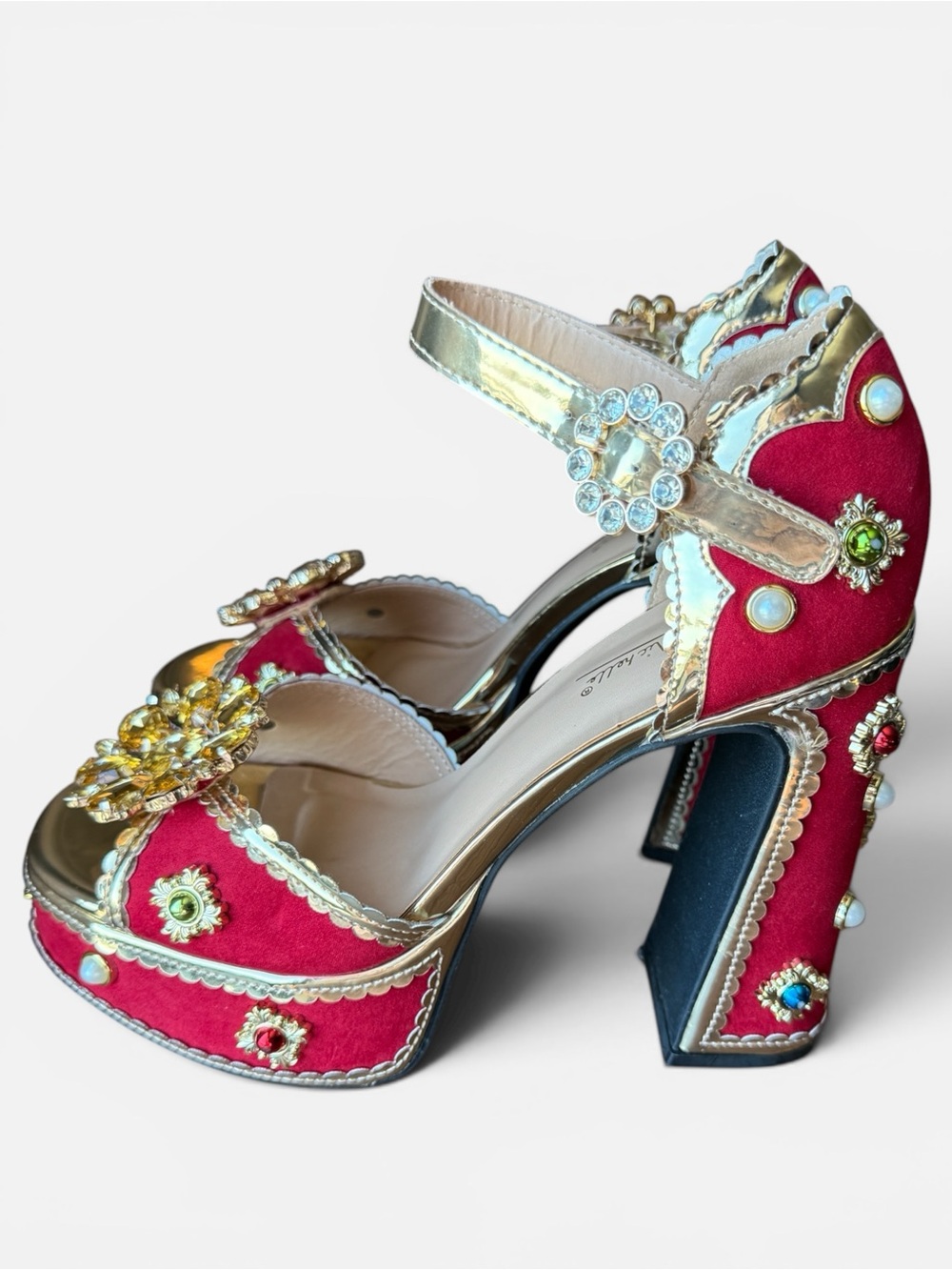 Platform Sandal Ankle Strap Jewel Pump Red Gold Block Heel by Anne Michelle | 8M